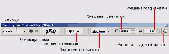 Панель атрибутов текста, размещенного на незамкнутой кривой